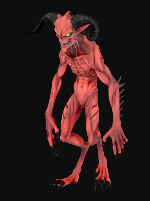 3D model for A dark fantasy Imp with AAA graphics, featuring leathery, scarred crimson skin stretched over gaunt, angular limbs. Its structure includes sharply curved obsidian horns and jagged claws. The skin texture reveals subtle scaly patterns and an oily sheen, while its eyes glow with an ominous, sickly green light, emphasizing a menacing, ancient evil aesthetic with hyper-realistic detail.