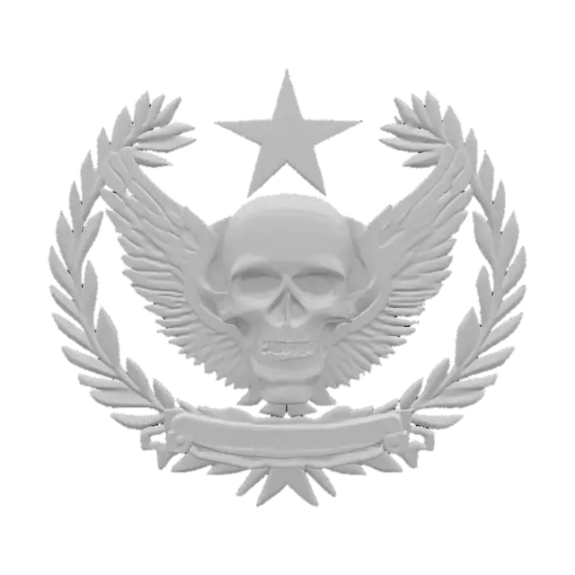 3D model for ornate golden military emblem in symmetrical high-relief, central skull with sharp cheekbones and hollow eyes, five-pointed star above skull, stylized wings extended outward from both sides, laurel wreath encircling lower skull, bold banner below with embossed text "UNBEFRISTET", all elements deeply carved with crisp metallic edges, matte-gold textured surface, strong silhouette, flat back for easy mounting, highly detailed fantasy insignia, designed for maximum visual impact in emblem design contest [symmetrical, stylized, clean surface, embossed letters, no distortion]  #badge #skull #fantasy #3dprint #gold, #emblem#