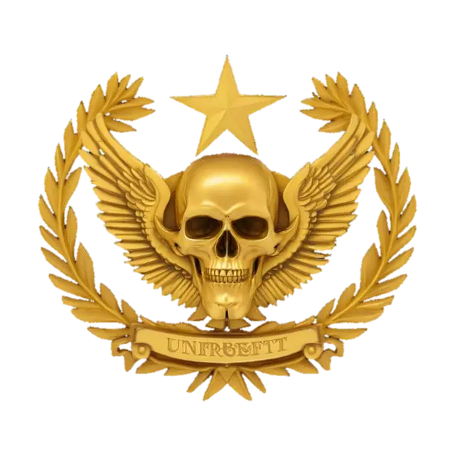 3D model for ornate golden military emblem in symmetrical high-relief, central skull with sharp cheekbones and hollow eyes, five-pointed star above skull, stylized wings extended outward from both sides, laurel wreath encircling lower skull, bold banner below with embossed text "UNBEFRISTET", all elements deeply carved with crisp metallic edges, matte-gold textured surface, strong silhouette, flat back for easy mounting, highly detailed fantasy insignia, designed for maximum visual impact in emblem design contest [symmetrical, stylized, clean surface, embossed letters, no distortion]  #badge #skull #fantasy #3dprint #gold, #emblem#