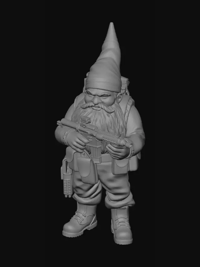 3D model for Tactical garden gnome soldier, traditional pointed red hat, long white beard, holding a heavy machine gun in a ready firing position, aiming down sights, wearing military combat vest and boots, funny aggressive expression, solid unified mesh, 3D printing ready, highly detailed stylized character