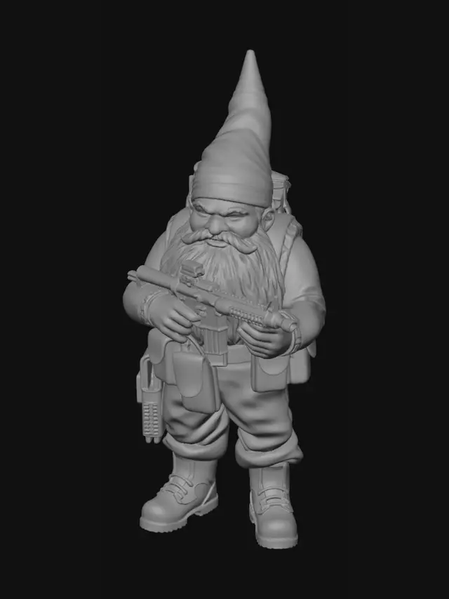 3D model for Tactical garden gnome soldier, traditional pointed red hat, long white beard, holding a heavy machine gun in a ready firing position, aiming down sights, wearing military combat vest and boots, funny aggressive expression, solid unified mesh, 3D printing ready, highly detailed stylized character