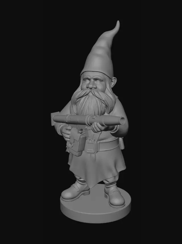 3D model for Tactical garden gnome, traditional pointed red cone hat, long white beard, holding a classic RPG rocket launcher on his shoulder, aiming forward, detailed warhead rocket tip, wearing a military chest rig over his blue tunic, funny aggressive combat stance, solid unified mesh, flat bottom base, 3D printing ready