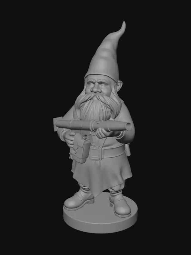 3D model for Tactical garden gnome, traditional pointed red cone hat, long white beard, holding a classic RPG rocket launcher on his shoulder, aiming forward, detailed warhead rocket tip, wearing a military chest rig over his blue tunic, funny aggressive combat stance, solid unified mesh, flat bottom base, 3D printing ready
