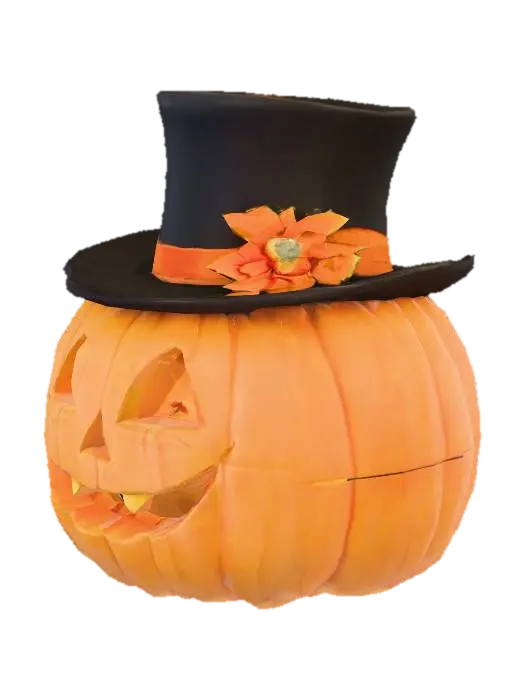 Decorative pumpkin wearing a top hat and laughing 3D model, vytvořený pomocí AI