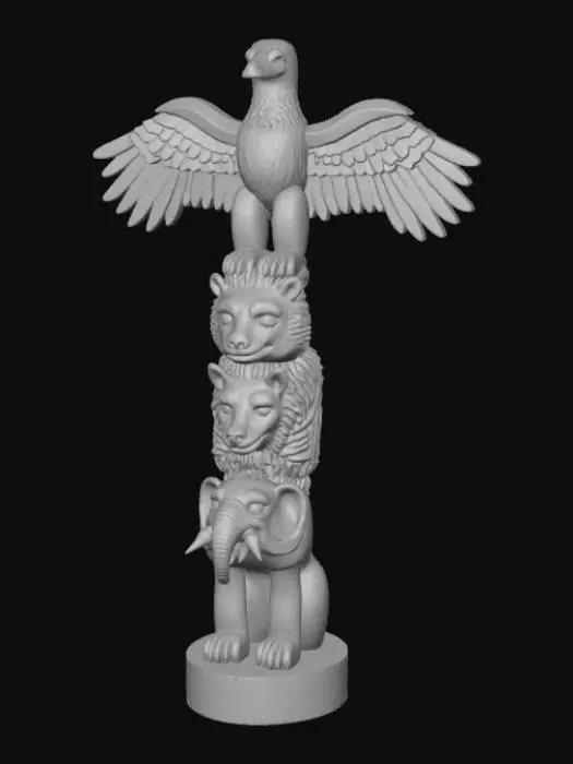 3D model for Create an Indian Totem pole with 4 layers. An eagle top's it, with a bear, lion, and elephant as the remainder of the totem.