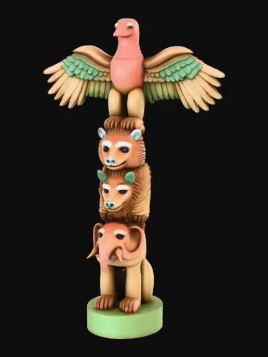 3D model for Create an Indian Totem pole with 4 layers. An eagle top's it, with a bear, lion, and elephant as the remainder of the totem.