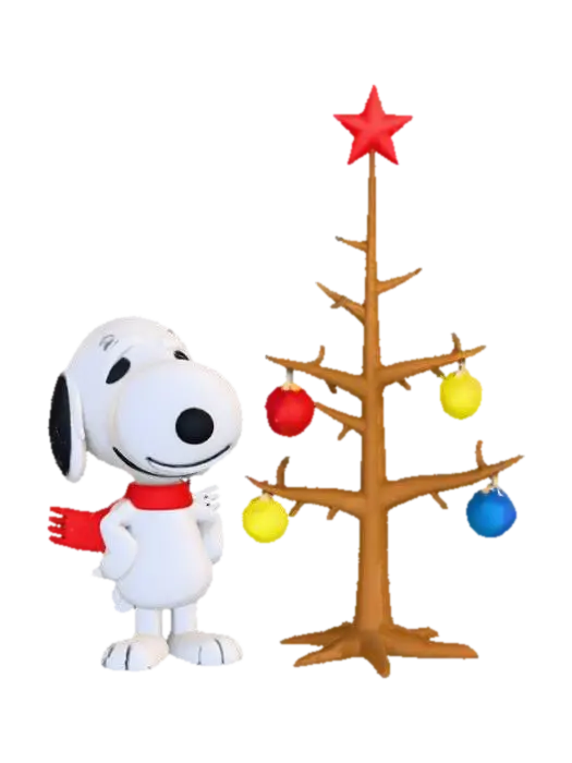 Create a scene from the Charlie Brown Christmas with Snoopy and a weak Christmas tree. 3D model, vytvořený pomocí AI