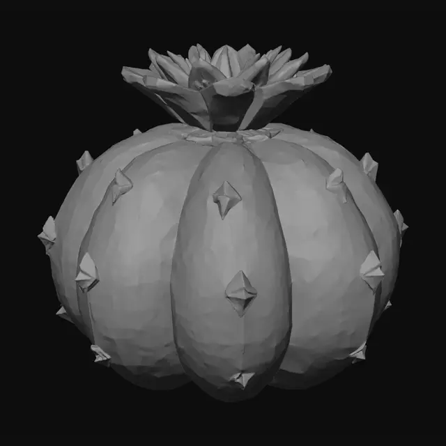 3D model for Boule cactus :
Sphère low poly verte avec 4–6 segments (façon melon).
Piques = petites épines très courtes en pyramides.
Quelques “fleurs low poly” optionnelles pour différencier.