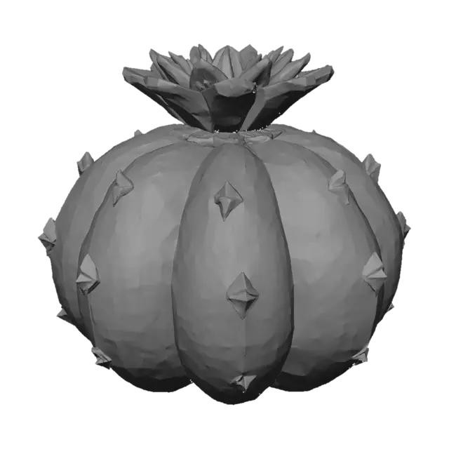 3D model for Boule cactus :
Sphère low poly verte avec 4–6 segments (façon melon).
Piques = petites épines très courtes en pyramides.
Quelques “fleurs low poly” optionnelles pour différencier.