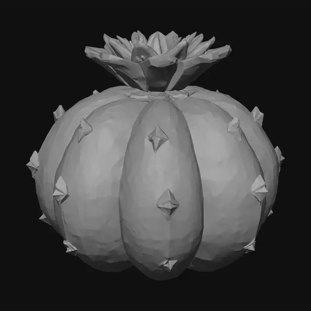 3D model for Boule cactus :
Sphère low poly verte avec 4–6 segments (façon melon).
Piques = petites épines très courtes en pyramides.
Quelques “fleurs low poly” optionnelles pour différencier.