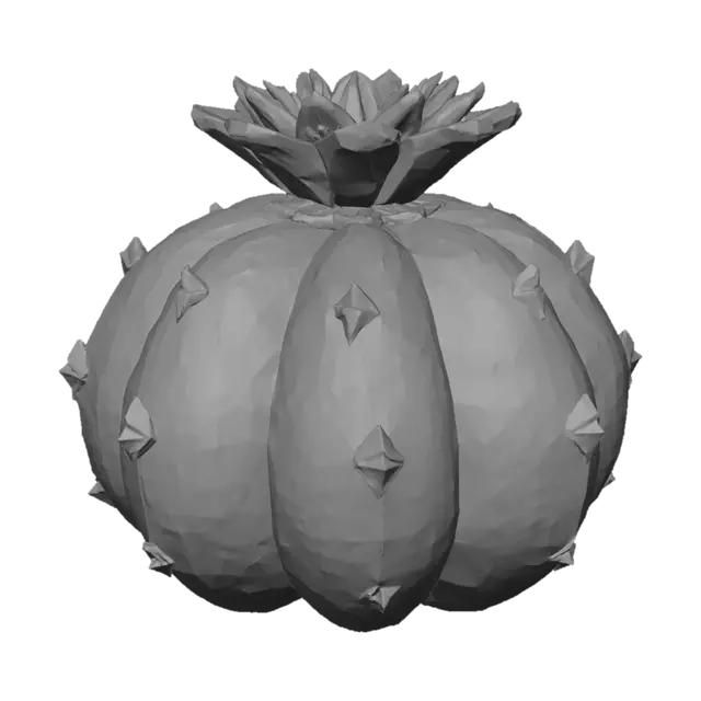 3D model for Boule cactus :
Sphère low poly verte avec 4–6 segments (façon melon).
Piques = petites épines très courtes en pyramides.
Quelques “fleurs low poly” optionnelles pour différencier.