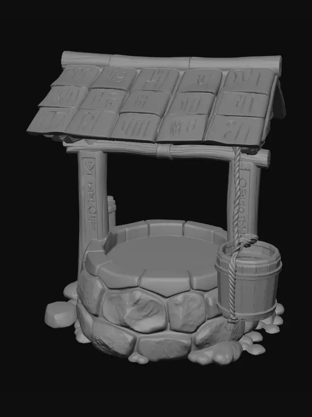 3D model for A medieval fantasy stone well, dark stone texture, 
rope and wooden bucket, ancient runes carved on the 
stone base, mossy surfaces, dark fantasy RPG style, 
game-ready low poly, Unreal Engine compatible, 
no background