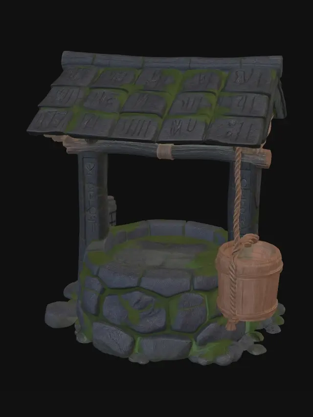 3D model for A medieval fantasy stone well, dark stone texture, 
rope and wooden bucket, ancient runes carved on the 
stone base, mossy surfaces, dark fantasy RPG style, 
game-ready low poly, Unreal Engine compatible, 
no background