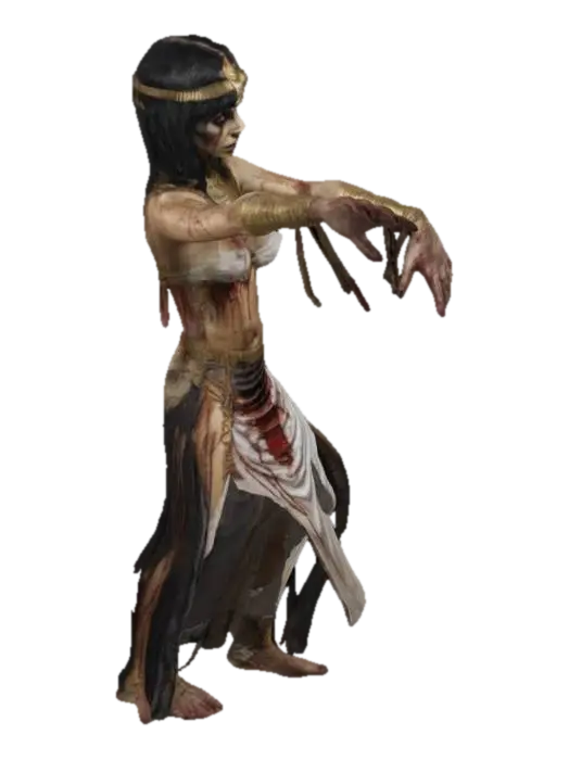 3D model for Zombie Cleopatra, T-pose, horror, realistic, rotten skin, tattered Egyptian attire, golden jewelry, bloodstains, bandages, clear gaps between limbs and body, palms facing body