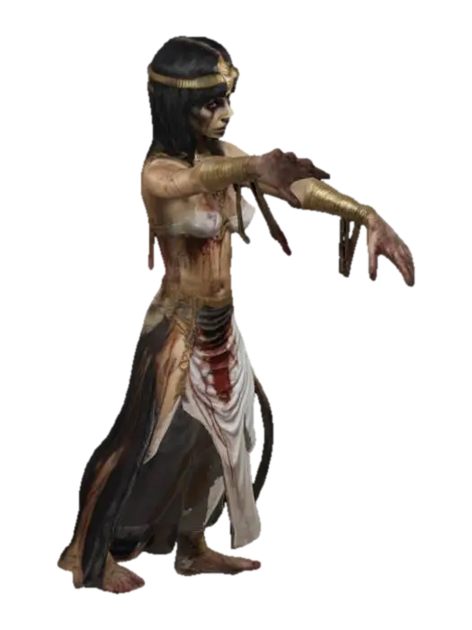 3D model for Zombie Cleopatra, T-pose, horror, realistic, rotten skin, tattered Egyptian attire, golden jewelry, bloodstains, bandages, clear gaps between limbs and body, palms facing body