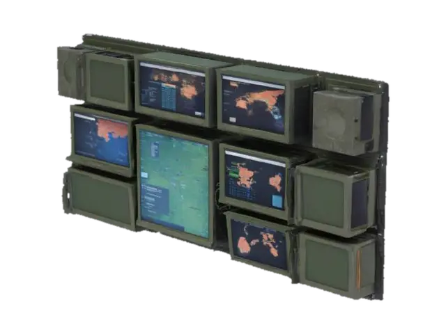 3D-модель A wall-mounted array of ruggedized LCD monitors in a military command center,… - Commandcenter, сгенерированная ИИ