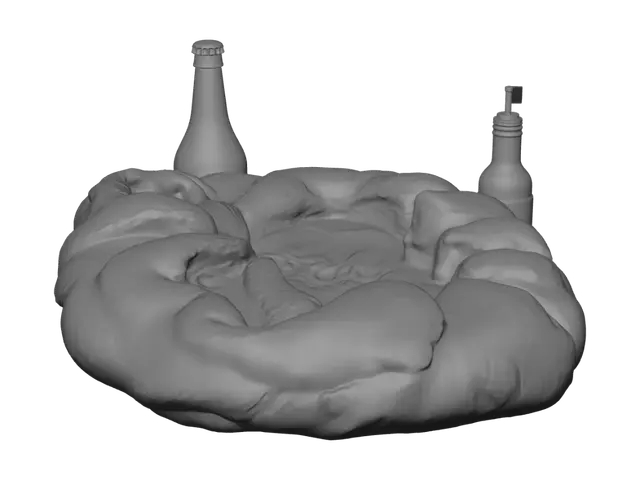 3D model for Create a polished 3D model of Adjarian khachapuri, Georgia’s iconic boat-shaped cheese bread, as a standalone collectible display object like a Super Smash Bros. trophy. It must be a single isolated model, fully viewable from all sides in 360 degrees, with no full table scene or environment. Show golden-brown rustic bread, slight blistering, soft torn edges, creamy melted cheese, a glossy egg yolk, and melting butter. Include tasteful attached or integrated details such as small garnish, a miniature Georgian wine bottle, and a small Georgian flag as part of the display piece. Use clean topology, realistic PBR textures, balanced composition, and a neutral presentation suitable for turntable viewing.