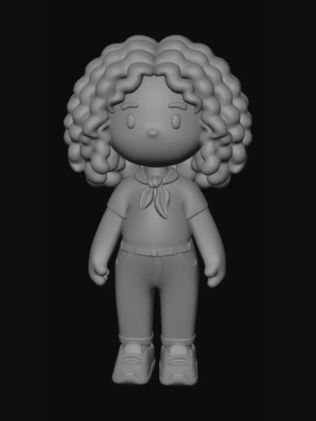 3D model for "A 3D chibi figure of a girl with long curly dark hair, wearing a white t-shirt, blue neck scarf, white jeans, and black sneakers, stylized for 3D printing".