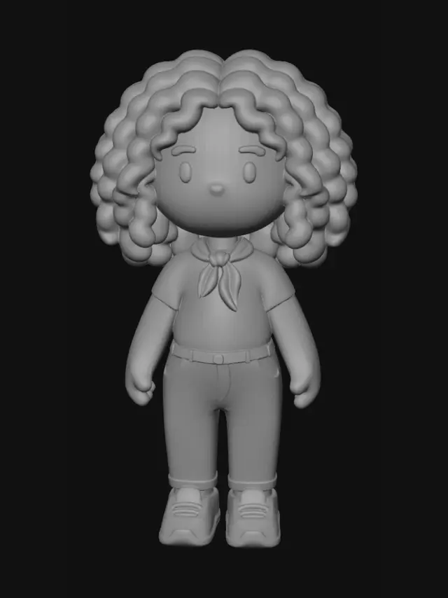 3D model for "A 3D chibi figure of a girl with long curly dark hair, wearing a white t-shirt, blue neck scarf, white jeans, and black sneakers, stylized for 3D printing".