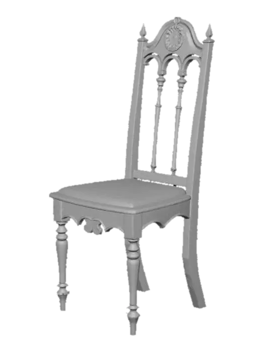 3D model for Изящный средневековый банкетный стул имеет тонкие, но прочные деревянные ножки и высокую, слегка изогнутую спинку, выполненную из светлого, полированного дерева, возможно, клена или ясеня. Его гладкая поверхность приятна на ощупь. Спинка может быть украшена тонкой резьбой или простыми вертикальными планками, создающими воздушный вид. Сиденье плоское, возможно, обита тканью, но без мягкой подушки, что подчеркивает его легкость. Отсутствие подлокотников придает ему изящную, открытую форму, излучающую невесомость.