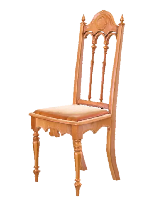 3D model for Изящный средневековый банкетный стул имеет тонкие, но прочные деревянные ножки и высокую, слегка изогнутую спинку, выполненную из светлого, полированного дерева, возможно, клена или ясеня. Его гладкая поверхность приятна на ощупь. Спинка может быть украшена тонкой резьбой или простыми вертикальными планками, создающими воздушный вид. Сиденье плоское, возможно, обита тканью, но без мягкой подушки, что подчеркивает его легкость. Отсутствие подлокотников придает ему изящную, открытую форму, излучающую невесомость.
