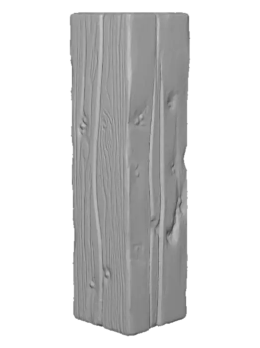 3D model for Массивная деревянная балка для подпорки потолка возвышается в центре комнаты, выполненная из темного, грубо обработанного дуба или вяза, чья поверхность демонстрирует глубокую, ярко выраженную текстуру древесных волокон. Балка имеет простую, но внушительную прямоугольную или квадратную форму, ощущается твердой и прочной на ощупь. Ее цвет варьируется от насыщенно-коричневого до почти черного. Она может быть слегка отполирована или покрыта защитным составом, но сохраняет естественный, рустикальный вид, присущий средневековым конструкциям.