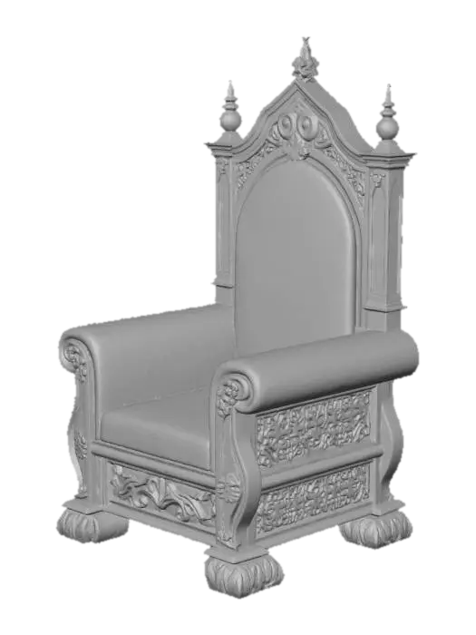 3D model for Роскошный средневековый стул имеет высокую, величественную спинку и широкое сиденье, выполненные из массивного, темного, богато отполированного дерева, возможно, мореного дуба или ореха, чья поверхность гладкая и прохладная на ощупь. Спинка и сиденье обтянуты плотным, возможно, бархатным или вышитым гобеленовым материалом глубокого винного или изумрудного цвета, создавая плюшевую и мягкую текстуру. Деревянный каркас обильно украшен сложной резьбой в готическом стиле, а подлокотники массивны, возможно, с декоративными латунными или бронзовыми шишками.