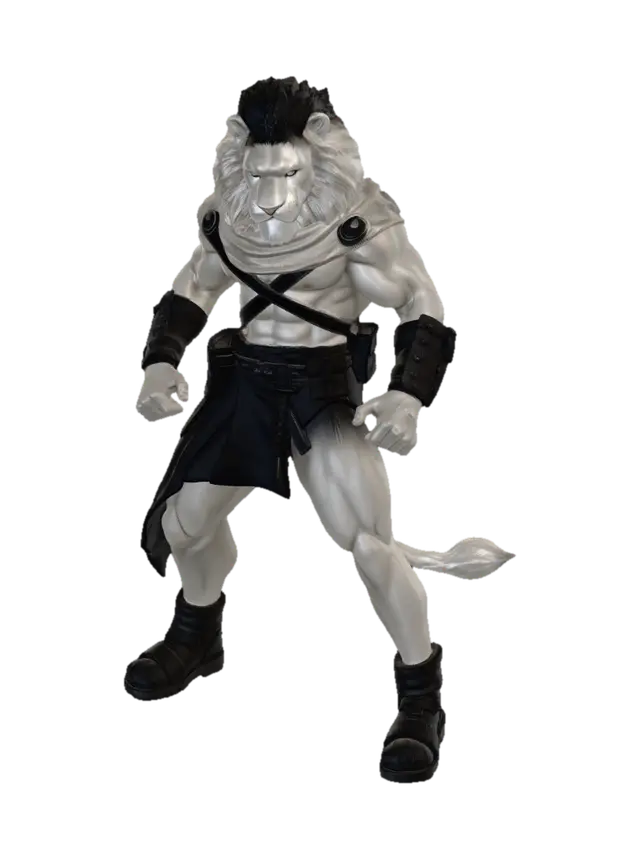 3D model for Bigger muscles, larger muscles, super jacked, humanoid bipedal White Lion, Ifbb bodybuilding body (Midjourney, hyper realistic detailed full body portrait of a fierce Haitian barbarian Amazonian warrior muscular man White lion, Dressed in classic Black priest attire paired with rugged military boots, this full-body depiction showcases his impressive muscular human man lion build,