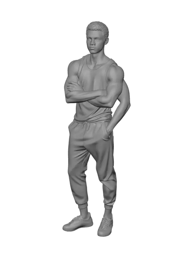 3D model for Create a highly realistic full-body 3D character based on the reference image.
A young Papuan male with medium-dark brown skin, athletic and lean muscular physique, approximately 175 cm tall. Preserve the facial features as closely as possible to the reference image, including the face shape, jawline, nose, lips, eyes, eyebrows, hairstyle, and natural skin tone.
Pose:
Neutral A-Pose with both arms slightly away from the body for easy rigging.
Clothing:
- Plain white sleeveless tank top
- White athletic jogger pants
- White low-top sneakers
- No accessories
- Clean and minimal modern sportswear
Hair:
Short black hair with a slightly textured style.
Expression:
Neutral facial expression with relaxed eyes and closed mouth.