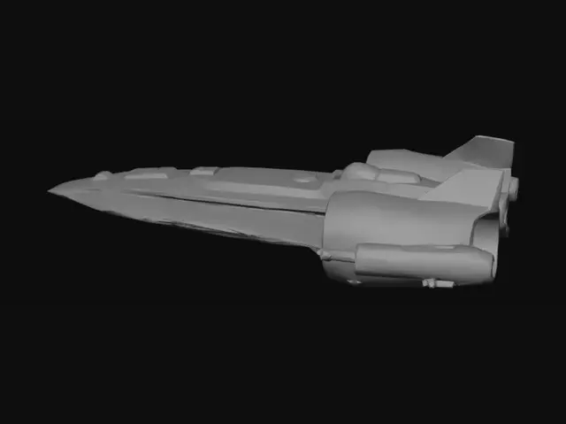 3D model for An interceptor-style spaceship with a hull of metal plates, featuring a futuristic and symmetrical design, is depicted against a backdrop of stars and planets. Suggestion: For better 3D results, try to ensure the spaceship has a solid, well-defined silhouette with clear edges.