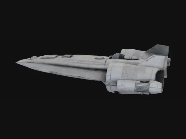 3D model for An interceptor-style spaceship with a hull of metal plates, featuring a futuristic and symmetrical design, is depicted against a backdrop of stars and planets. Suggestion: For better 3D results, try to ensure the spaceship has a solid, well-defined silhouette with clear edges.
