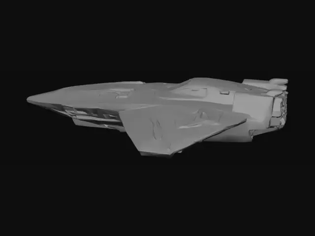 3D model for An interceptor-style spaceship with a hull of metal plates, featuring a futuristic and symmetrical design, is depicted against a backdrop of stars and planets. Suggestion: For better 3D results, try to ensure the spaceship has a solid, well-defined silhouette with clear edges.