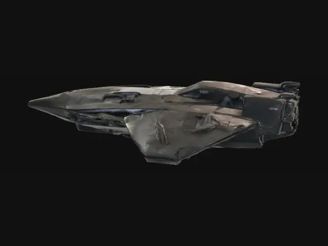 3D model for An interceptor-style spaceship with a hull of metal plates, featuring a futuristic and symmetrical design, is depicted against a backdrop of stars and planets. Suggestion: For better 3D results, try to ensure the spaceship has a solid, well-defined silhouette with clear edges.
