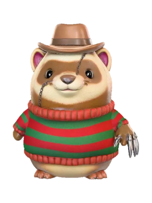 A cute toy-style ferret figurine dressed as a horror movie dream demon, inspired by… 3D model, vytvořený pomocí AI