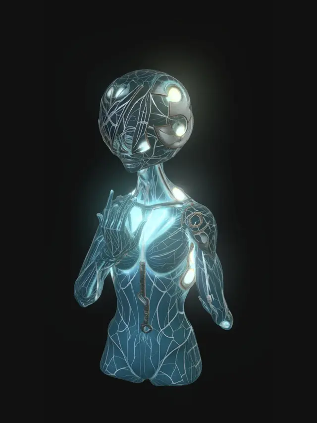 3D model for A cinematic 3D masterpiece celebrating 3 years of creation. A majestic, ethereal entity where biological evolution meets digital perfection. One half of the body is highly detailed realistic human anatomy with translucent skin and glowing blue veins. The other half transitions into abstract floating 3D polygons, golden wireframes, and raw digital voxels, representing the process of "Coming to Life." The entity is holding a glowing holographic "3" orb between its hands. Materials: Polished white ceramic, translucent organic tissue, brushed gold filigree, and glowing neon teal energy. 8k resolution, hyper-detailed textures, PBR materials, Unreal Engine 5 render style. Perfect symmetry, elegant and powerful pose, isolated on a professional studio dark grey background.