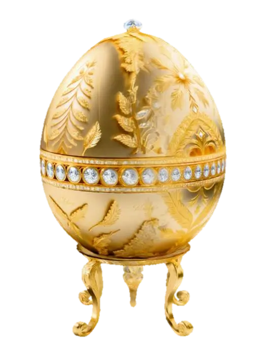 Fabergé egg, with many notches to put jewels, gold embossing all around, on a build… - Faberge 3D model, vytvořený pomocí AI