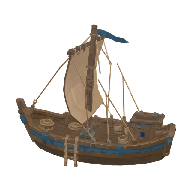 3D model for A small wooden fishing sailboat with an empty crane pedestal on the deck. Single short mast with a furled canvas sail, open deck with a couple of barrels and a coil of rope. Amidships stands a short sturdy wooden-and-iron crane post with a bare pivot mount at the top and no arm attached. Weathered wood, rusted iron. Single object, centered, 3/4 view from slightly above, plain white background.