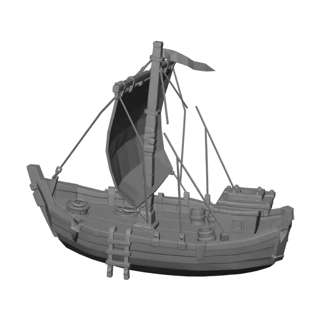 3D model for A small wooden fishing sailboat with an empty crane pedestal on the deck. Single short mast with a furled canvas sail, open deck with a couple of barrels and a coil of rope. Amidships stands a short sturdy wooden-and-iron crane post with a bare pivot mount at the top and no arm attached. Weathered wood, rusted iron. Single object, centered, 3/4 view from slightly above, plain white background.