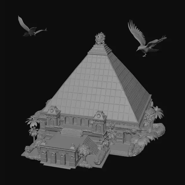 3D model for A magnificent futuristic Mexico celebrating culture, history, and innovation. A towering Aztec-inspired crystal pyramid rises above a vibrant city filled with colorful colonial architecture, floating mariachi musicians, glowing Día de los Muertos decorations, and lush tropical gardens. Monarch butterflies swirl through the air while golden sunlight illuminates intricate Mexican patterns and murals. Traditional papel picado banners transform into holographic light displays across the skyline. Hyper-detailed, cinematic lighting, vibrant colors, ultra-realistic textures, epic scale, cultural fusion of ancient and futuristic Mexico, masterpiece, 8K, award-winning concept art.with big text saying MEXICO with a eagle in the middle