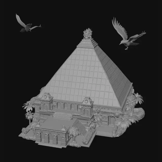3D model for A magnificent futuristic Mexico celebrating culture, history, and innovation. A towering Aztec-inspired crystal pyramid rises above a vibrant city filled with colorful colonial architecture, floating mariachi musicians, glowing Día de los Muertos decorations, and lush tropical gardens. Monarch butterflies swirl through the air while golden sunlight illuminates intricate Mexican patterns and murals. Traditional papel picado banners transform into holographic light displays across the skyline. Hyper-detailed, cinematic lighting, vibrant colors, ultra-realistic textures, epic scale, cultural fusion of ancient and futuristic Mexico, masterpiece, 8K, award-winning concept art.with big text saying MEXICO with a eagle in the middle
