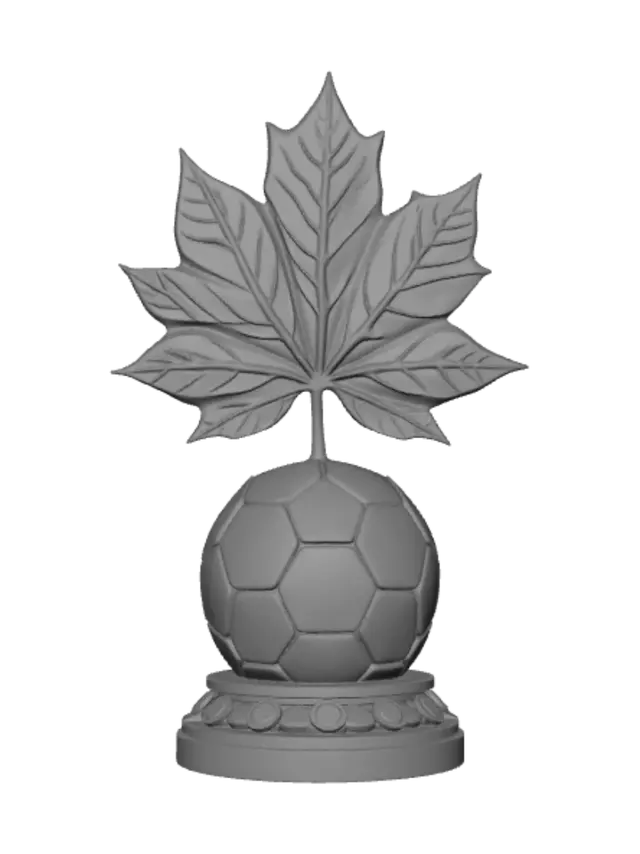 3D model for I need a trophy made of maple leaves, filled with canadian coins and a soccer ball on the front