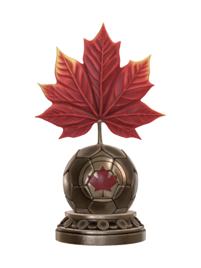 3D model for I need a trophy made of maple leaves, filled with canadian coins and a soccer ball on the front