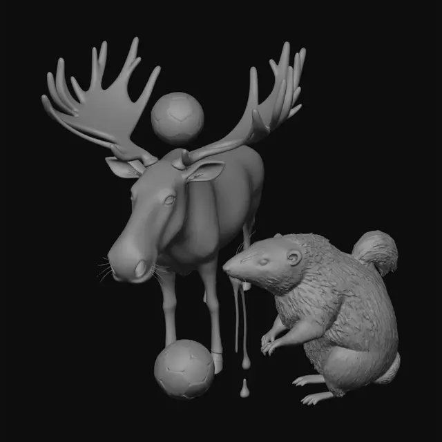 3D model for a moose and a beaver playing soccer while drinking maple syrup