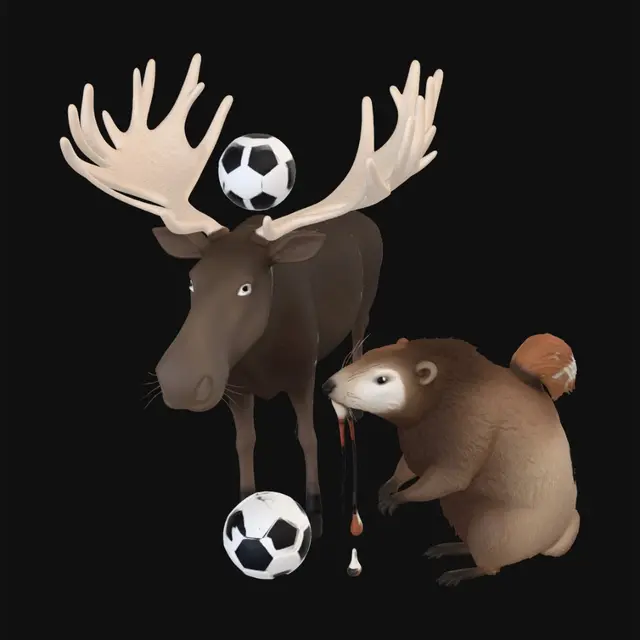 3D model for a moose and a beaver playing soccer while drinking maple syrup