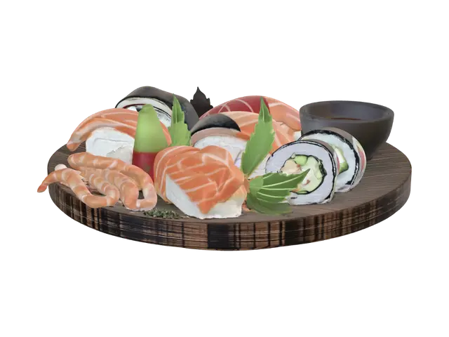 A Japanese sushi and sashimi platter on a rustic dark wooden serving board: four… 3D model, vytvořený pomocí AI