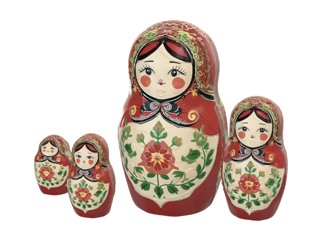 Modello 3D A set of five traditional Russian matryoshka nesting dolls standing in a row from… - Rosycheeks, generato dall’IA