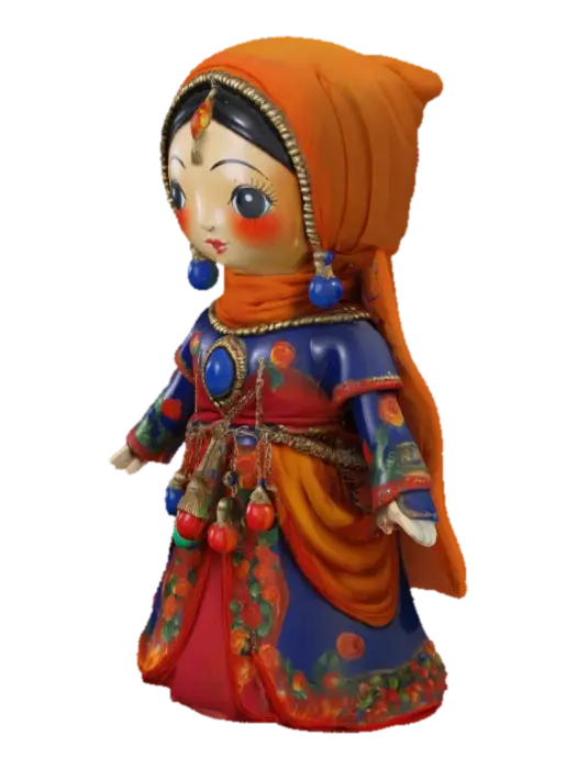 3D model for [Russia] Flame Dancer - Slavic Rhapsody Nesting Dolls, nesting dolls covered with cascading metal tassels and colourful glazed beads, the headscarf is flame-coloured to symbolise the passion and uninhibited nature of the Russian nation, with crimson, cobalt blue and gilt as the main colours, supplemented by fluorescent green and bright orange embellishments, with a high degree of colour saturation., #AroundTheWorld#