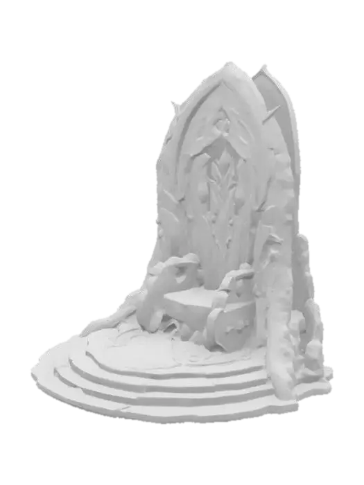 3D model for Soaring obsidian arch-back structure with gemstone patterns on ribs, onyx-inlaid throne base, light effects seeping out of cracks, botanical stone Arches, archways, glowing stained glass and gemstones, deep bold lines and edges, play assets