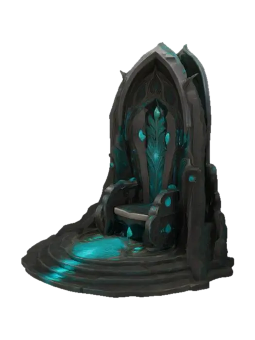 3D model for Soaring obsidian arch-back structure with gemstone patterns on ribs, onyx-inlaid throne base, light effects seeping out of cracks, botanical stone Arches, archways, glowing stained glass and gemstones, deep bold lines and edges, play assets