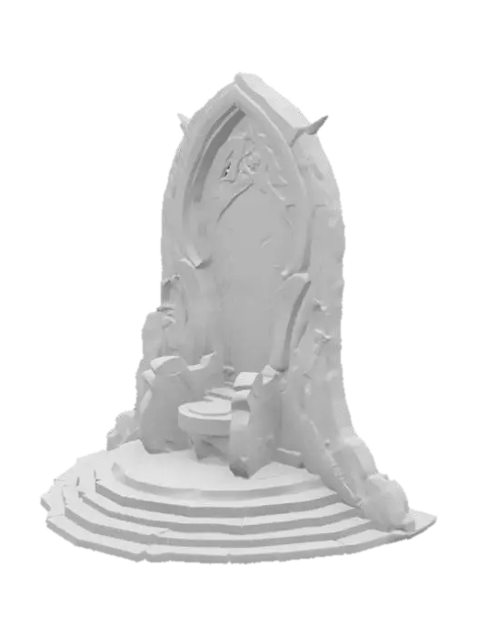 3D model for Soaring obsidian arch-back structure with gemstone patterns on ribs, onyx-inlaid throne base, light effects seeping out of cracks, botanical stone Arches, archways, glowing stained glass and gemstones, deep bold lines and edges, play assets